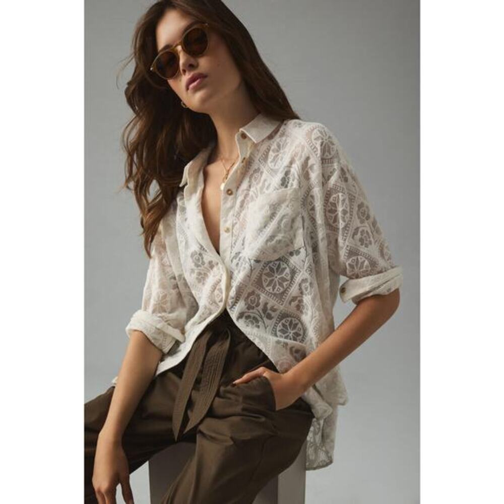 Anthropologie Pilcro Lace Blouse White Cotton Button Down Shirt XLP Fits Large